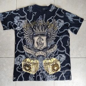 Christian Audigier Embellished Graphic Tee Skull Rhinestones Men's Size XXL USA